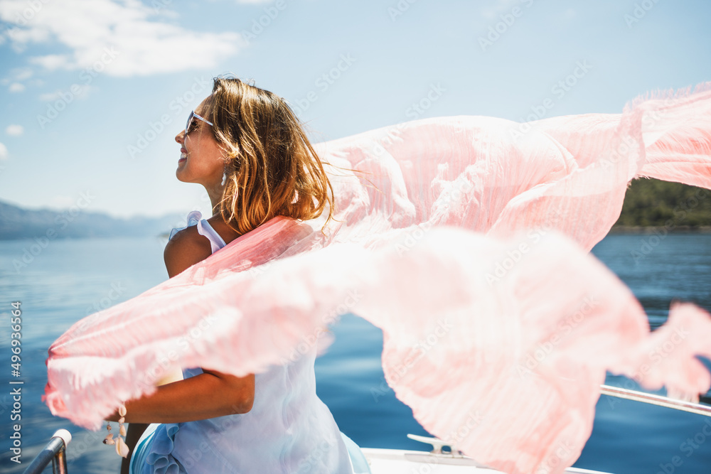 Sticker Woman With Scarf Spending Day On Yacht