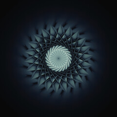 3d render of abstract art with surreal 3d machinery industrial turbine aircraft jet engine or flower in spiral twisted shape with grunge and blurry effect and light leaks