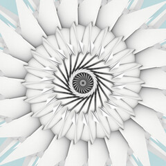 3d render of abstract art with surreal 3d machinery industrial turbine aircraft jet engine or flower in spiral twisted shape with sharp fractal blades on bright background