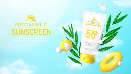 Sunscreen ad banner template. Banner with 3d tube of sunscreen, tropical plants, seashell, inflatable ring and ball. Vector 3d ad illustration for promotion of summer goods.
