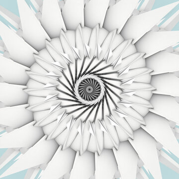 3d render of abstract art with surreal 3d machinery industrial turbine aircraft jet engine or flower in spiral twisted shape with sharp fractal blades on bright background