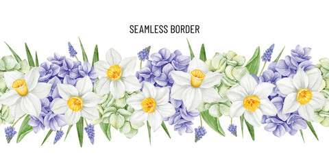 Watercolor seamless horizontal pattern. Botanical spring blossom border. Daffodil, hydrangea, muscari flowers. Hand painted floral arrangement for greeting card.