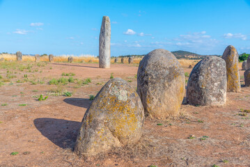 Stone menhirs at Cromeleque de Xerez in Portugal