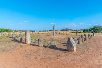 Stone menhirs at Cromeleque de Xerez in Portugal