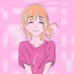 Illustration anime girl blonde hair, happy smiling, pink clothes and glitter background.