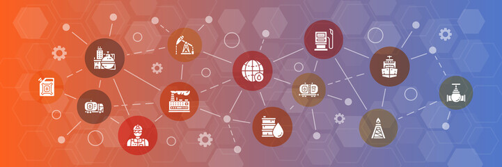 Oil industry infographic icons banner. Fuel Truck, Engineer, Gasoline, Cargo Ship vector illustration for advertisement, header banner.