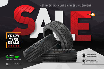 Tyre sale vector store promo poster with  tires and grunge black track tread marks. Rubber protectors shop discount promotion with realistic tyres. Car wheels for sport, vehicle, transportation. - obrazy, fototapety, plakaty