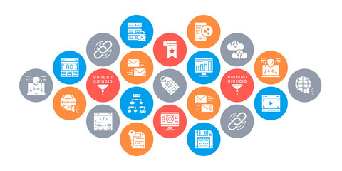 SEO concept vector design. Bookmark, Hosting, Hyperlink, Advertisement, Data Transfer illustration. Web banner layout template.