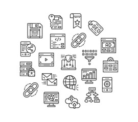 SEO line icon set. Bookmark, Hosting, Hyperlink, Advertisement, Data Transfer icons in a circle isolated on white background.