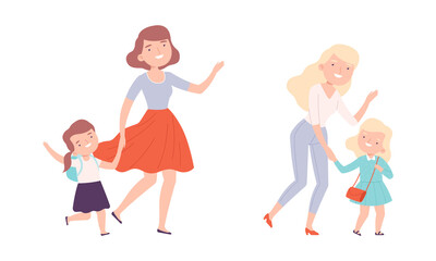 Parents and their kids walking holding hands set. Mom leading their daughters to school cartoon vector illustration