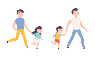 Fathers and their kids walking holding hands set. Dad leading their children to school cartoon vector illustration