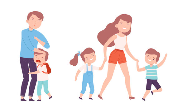 Parents And Their Kids Walking Together Set. Mom And Dad Leading Their Children To School Cartoon Vector Illustration