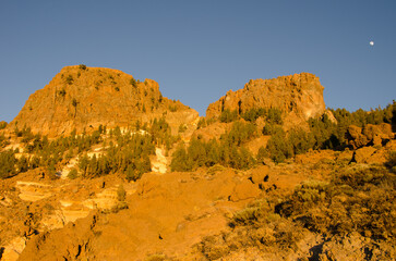 Landscape with rocky cliffs and moon. Vilaflor. Tenerife. Canary Islands. Spain.