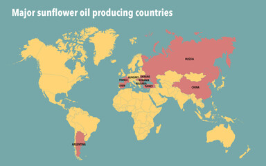 Fototapeta na wymiar World map of major sunflower oil producing countries 