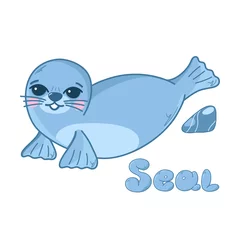 Poster Vector illustration with a cute sea seal and the inscription Seals, sea funny animals in cartoon style. Children's illustration for postcards, posters, pajamas, fabrics, clothes, stickers. © Vasia_illi