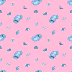 Vector pattern with cute sea seals, fur seals, funny sea animals in cartoon style. Children's illustration for postcards, posters, pajamas, fabrics, clothes, stickers.