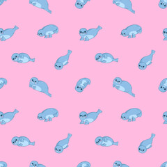 Vector pattern with cute sea seals, fur seals, funny sea animals in cartoon style. Children's illustration for postcards, posters, pajamas, fabrics, clothes, stickers.
