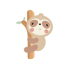 Obraz premium Cute Sloth on the tree. Cartoon style. Vector illustration. For kids stuff, card, posters, banners, children books, printing on the pack, printing on clothes, fabric, wallpaper, textile or dishes.