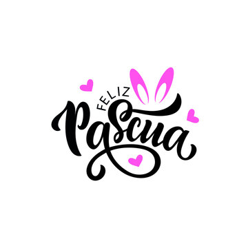 Happy Easter handwritten text in Spanish (Feliz Pascua) isolated on white background. Modern brush calligraphy. Vector illustration for logo, greeting card, poster, print. Hand lettering typography
