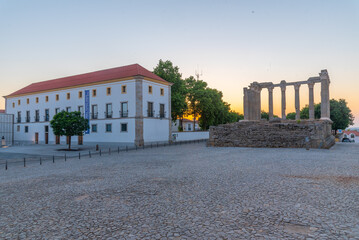 Sunset view of Temple of Diana in Portuguese town Evora