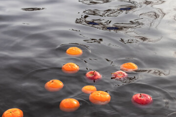 Orange tangerines and red apples float on the surface of the water.