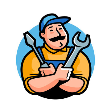 recommend clip art: Workshop logo. Emblem mechanic with construction tools for auto repairing. Cartoon character vector illustration