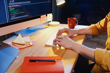 Cropped close up photo shot young professional software engineer IT specialist programmer man...