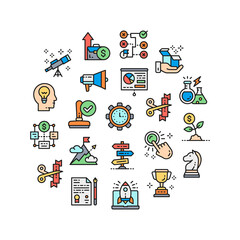 Start up icons set. Time management, idea generation, presentation icons banner in a circle isolated on white background.