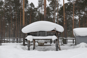 Siberia. Winter. Khanty national wooden storehouse in the taiga for storing food on four poles raised from the ground to protect against rodents.