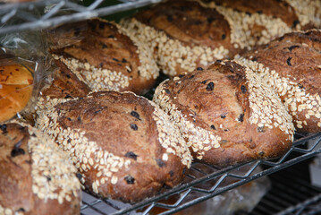 freshly baked oatmeal raisin bread at an artisan bakery