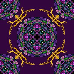 Seamless pattern tile with mandala, vintage decorative elements illustration, Ethnic mandala with colorful tribal ornaments, Islam,turkish, Arabic, Indian, ottoman pattern, 