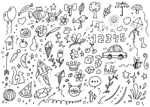 Cute doodles set, vector hand drawing on white background