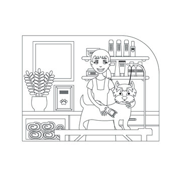 Dog grooming salon. A young woman trim dog. Line interior illustration. West Highland White Terrier. Coloring book with a contour.