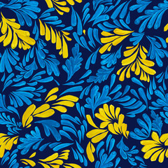 Seamless pattern of blue and yellow foliage. Petrykivka style