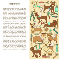Template with dogs and text for veterinary clinics and salons. Grooming dogs of different breeds (brushing, cutting hair or trimming, eye care, ear cleaning, nail trimming, bathing), tools.