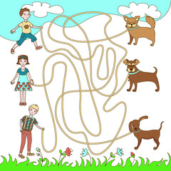 Children's game (maze): help children to find their dogs. Developing game for children. The picture shows boy, girl and puppies on leashes.