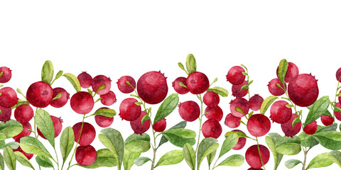 Cranberry watercolor Border. Hand drawn frame with red berries for greeting cards or ivvitation. Lingonberry with green leaves