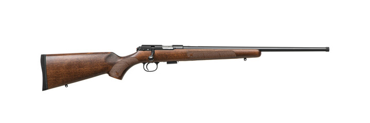 Small-bore bolt rifle in a wooden stock of .22lr. Small rifled weapon for hunting and sports. Isolate on white back.