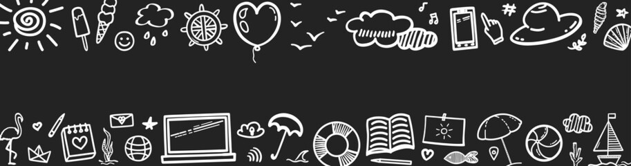 Summer web banner. Hand drawn holiday elements. Summer holidays. Freehand signs and symbols. Black and white illustration