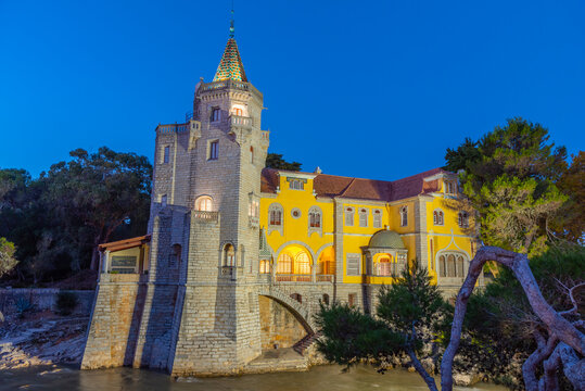Night view of Condes de Castro Guimaraes museum in Cascais, Portugal