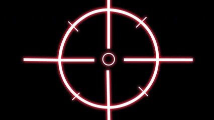 Neon red scope. A symbol with the appearance of a target sniper rifle and high-precision weapons. Animation of a shining neon lamp on a black background. Stock video with alpha channel.