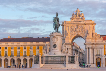 Sunrise view of Praca do comercio square in Lisbon, Portugal.