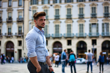 One handsome elegant man in city setting wearing shirt