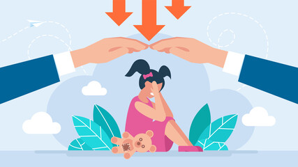 Social protection of children. Kids safety care. Little girl sitting on the floor and crying. Child protection. Service for the Protection of Minors and Orphans. Flat style design. Illustration