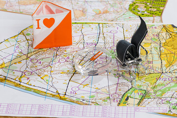 Sport orienteering. Symbols map compass and prism