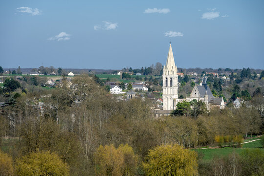 View of Beaulieu les Loches and the abbey church Saint Pierre Saint Paul on a sunny spring afternoon, Touraine, France