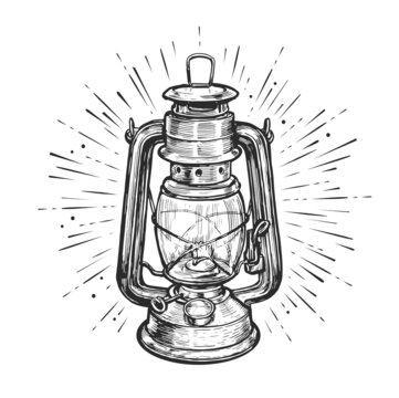 Oil lantern or kerosene lamp with rays of light. Hand drawn sketch vintage vector illustration