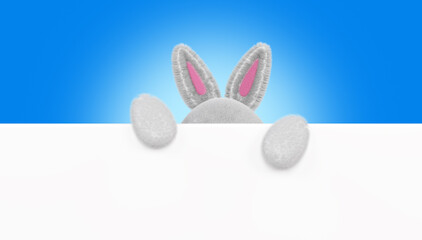 Cartoon rabbit holds space for text. Furry rabbit ears, 3d render. Happy Easter banner, poster, greeting card, copy space.