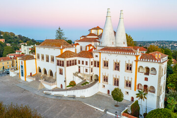 Sunrise aerial view of the national palace in Sintra, Portugal