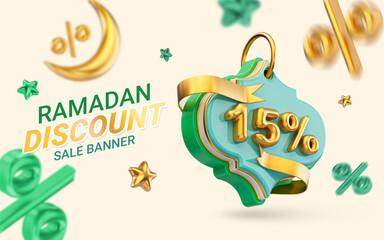 Ramadan and eid big offer 15 percent discount sale poster design 3d render for social banner